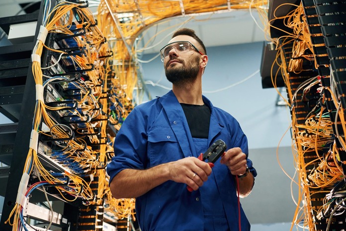 Skilled commercial electrician at work